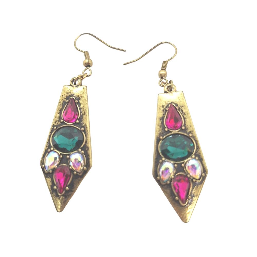 Rhinestone Drop Earrings Multicolor Gold Tone Fishhook Ear Wires